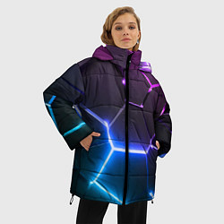Куртка зимняя женская Фиолетовый градиент - неоновые геометрические плит, цвет: 3D-черный — фото 2