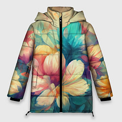 Женская зимняя куртка Цветочный букет нарисованный маслом