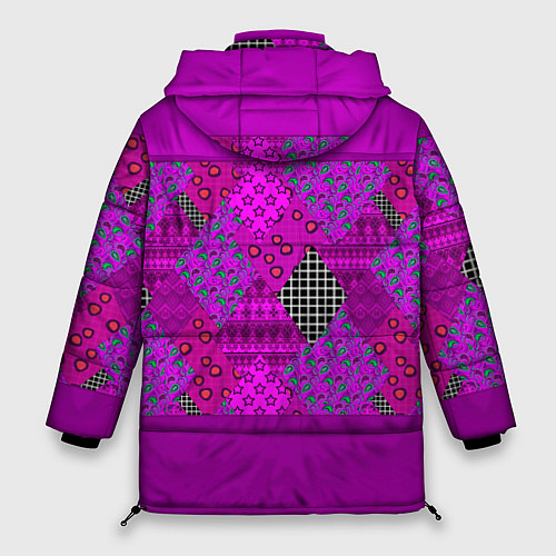 Женская зимняя куртка Малиновый комбинированный узор пэчворк / 3D-Красный – фото 2