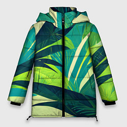 Куртка зимняя женская Яркие тропические листья пальмы, цвет: 3D-черный