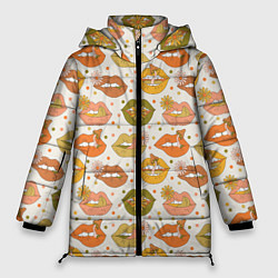 Женская зимняя куртка Губы и цветы поп арт хиппи