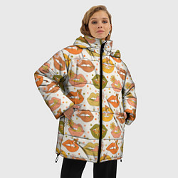 Куртка зимняя женская Губы и цветы поп арт хиппи, цвет: 3D-красный — фото 2