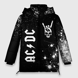 Куртка зимняя женская AC DC и рок символ на темном фоне, цвет: 3D-черный