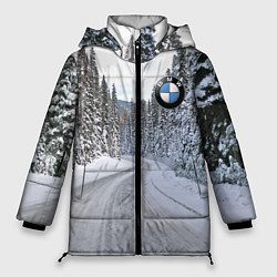 Куртка зимняя женская BMW - зимняя дорога через лес, цвет: 3D-красный