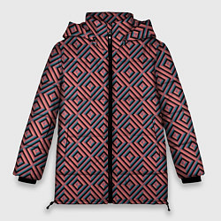Куртка зимняя женская Абстракция коричнево-синие квадраты, цвет: 3D-черный
