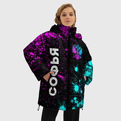Куртка зимняя женская Софья и неоновый герб России: надпись, символ, цвет: 3D-черный — фото 2