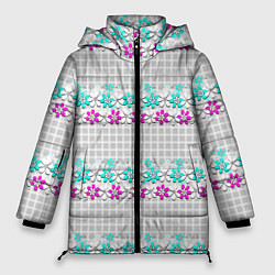 Женская зимняя куртка Цветочный узор бирюзово-розовый на сером клетчатом