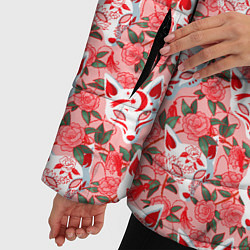 Куртка зимняя женская Маски лисиц кицунэ и цветущая камелия, цвет: 3D-черный — фото 2