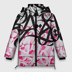 Куртка зимняя женская Черно-розовая каллиграфия, цвет: 3D-светло-серый