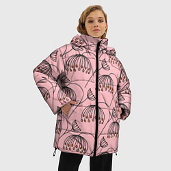 Куртка зимняя женская Цветы в стиле бохо на пудрово-розовом фоне, цвет: 3D-черный — фото 2