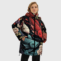 Куртка зимняя женская Узор с японскими карпами кои, цвет: 3D-черный — фото 2