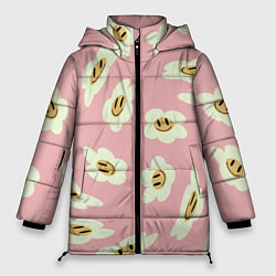 Женская зимняя куртка Искаженные смайлы-цветы на розовом паттер