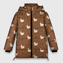 Женская зимняя куртка Гуси и травка - паттерн коричневый