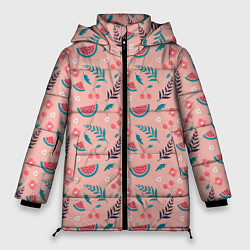 Куртка зимняя женская Летний паттерн с арбузом и вишней, цвет: 3D-светло-серый