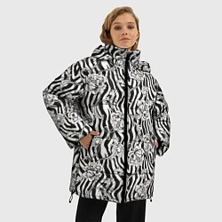 Куртка зимняя женская Декоративные цветы на фоне зебры, цвет: 3D-черный — фото 2