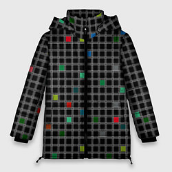 Куртка зимняя женская Разноцветный геометрический узор в клетку на черно, цвет: 3D-светло-серый
