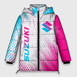 Куртка зимняя женская Suzuki neon gradient style: надпись, символ, цвет: 3D-черный