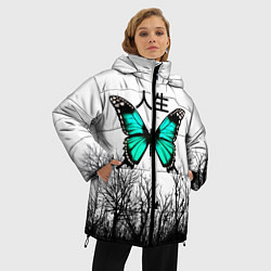 Куртка зимняя женская С бабочкой на фоне японского иероглифа, цвет: 3D-черный — фото 2