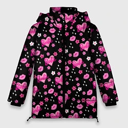Куртка зимняя женская Черный фон, барби и цветы, цвет: 3D-светло-серый