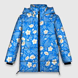Женская зимняя куртка Белые птицы голуби и цветы яблони на синем фоне не