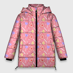 Куртка зимняя женская Леденцы в форме сердца паттерн, цвет: 3D-красный