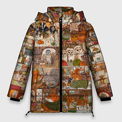 Куртка зимняя женская Коллаж из сказочных зверей - совы, белки, ёжики, цвет: 3D-красный