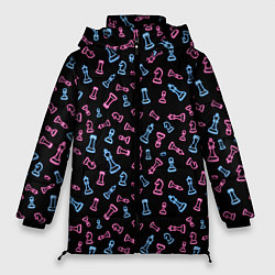 Женская зимняя куртка Неоновые розовые и голубые шахматные фигуры на чер