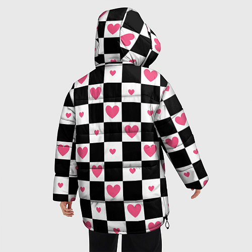Женская зимняя куртка Розовые сердечки на фоне шахматной черно-белой дос / 3D-Светло-серый – фото 4