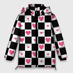 Женская зимняя куртка Розовые сердечки на фоне шахматной черно-белой дос