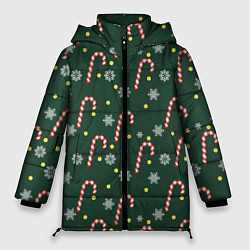 Куртка зимняя женская Рождественский леденец и снежинки узор, цвет: 3D-черный