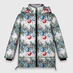Куртка зимняя женская Узор из елочных шаров на ветке, цвет: 3D-красный