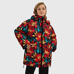 Куртка зимняя женская Красные цветы с синими листьями узор, цвет: 3D-красный — фото 2