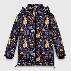 Куртка зимняя женская Оранжевые зайчики в траве на синем фоне, цвет: 3D-светло-серый