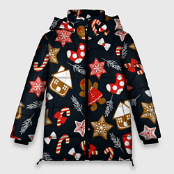 Куртка зимняя женская Рождественские пряники - праздничный паттерн, цвет: 3D-красный