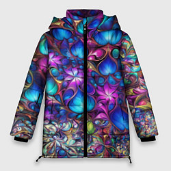 Куртка зимняя женская Абстракция синие листья и фиолетовый цветы, цвет: 3D-красный