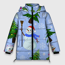 Куртка зимняя женская Снеговики с новогодними елками паттерн, цвет: 3D-черный