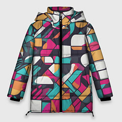 Куртка зимняя женская Разноцветные ретро фигуры, цвет: 3D-черный