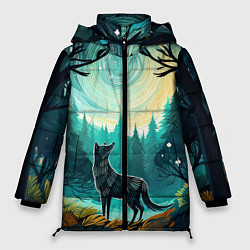 Куртка зимняя женская Волк в ночном лесу фолк-арт, цвет: 3D-светло-серый
