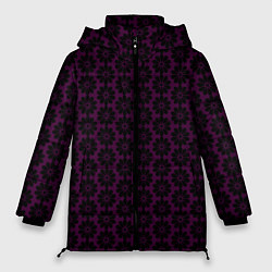 Куртка зимняя женская Чёрно-фиолетовый паттерн стилизованные цветы, цвет: 3D-черный