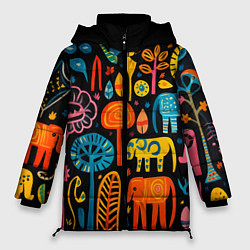 Куртка зимняя женская Африканский узор со слонами - нейросеть, цвет: 3D-черный