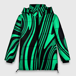 Куртка зимняя женская Абстракция изогнутые линии чёрно-зелёный, цвет: 3D-черный