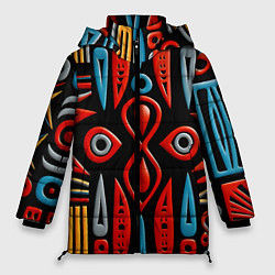 Куртка зимняя женская Красно-синий узор в африканском стиле, цвет: 3D-черный