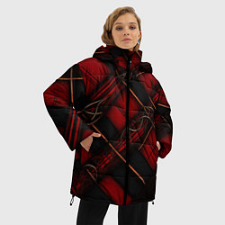 Куртка зимняя женская Тёмно-красная диагональная клетка, цвет: 3D-черный — фото 2