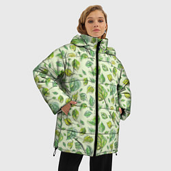 Куртка зимняя женская Акварельные листья с узором, цвет: 3D-черный — фото 2