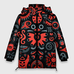 Куртка зимняя женская Красно-черный узор в славянском стиле, цвет: 3D-красный