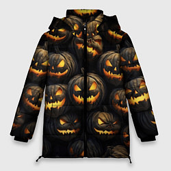 Куртка зимняя женская Зловещие хэллоуинские тыквы, цвет: 3D-черный