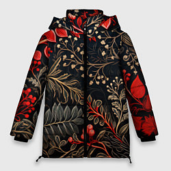 Куртка зимняя женская Заснеженные тропы новогодний орнамент, цвет: 3D-черный