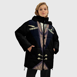 Куртка зимняя женская Фрак тёмный с цепочками и брошью, цвет: 3D-светло-серый — фото 2