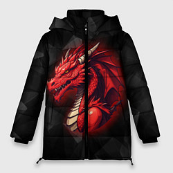 Женская зимняя куртка Красный дракон на полигональном черном фоне