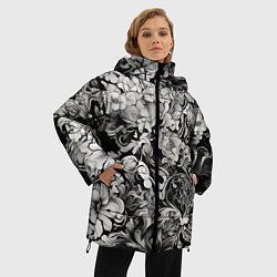 Куртка зимняя женская Чёрно белый цветочны узор, цвет: 3D-красный — фото 2